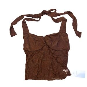 REORIA Floral Lace Halter Top Women Small Brown Sheer Ruched Bust